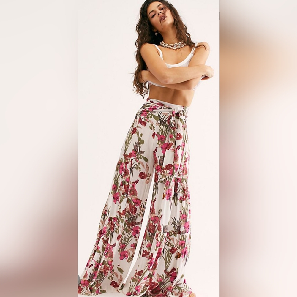 Free People One "ALOHA" Palazzo Cherry Blossom High-waisted Sash Pants L